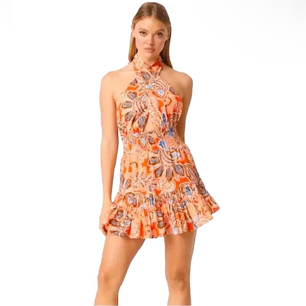 Misa Tula Mini Halter Dress in Tangerine Flora